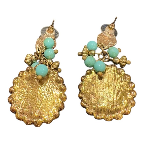 Vintage Gold Tone Turquoise Beaded Medallion Drop Earrings Boho Chic J19 - Picture 3 of 3